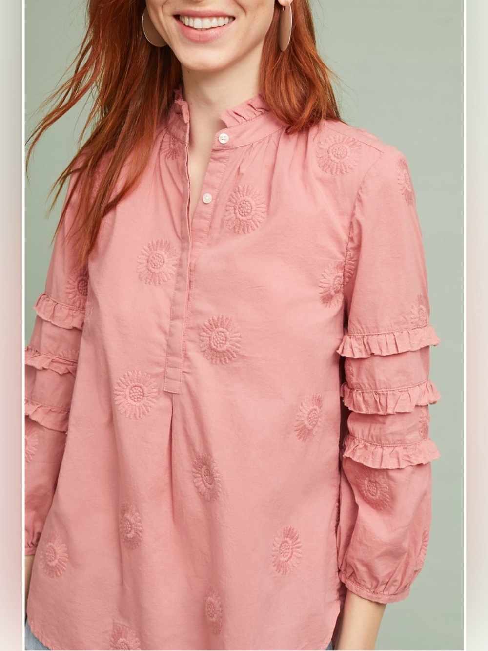 Anthropologie Sunflower Embroidered Henley in Dusty Pink - Size XS